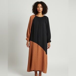 SEEK COLLECTIVE 100% SILK COLOR BLOCK BLACK & BROWN LONG SLEEVE DRESS (S)